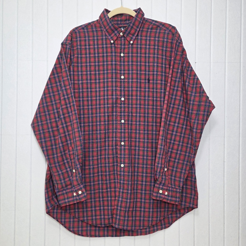 Ralph Lauren Yarmouth 100% Cotton Plaid Red and Blue Plaid Shirt Size 17 34/35